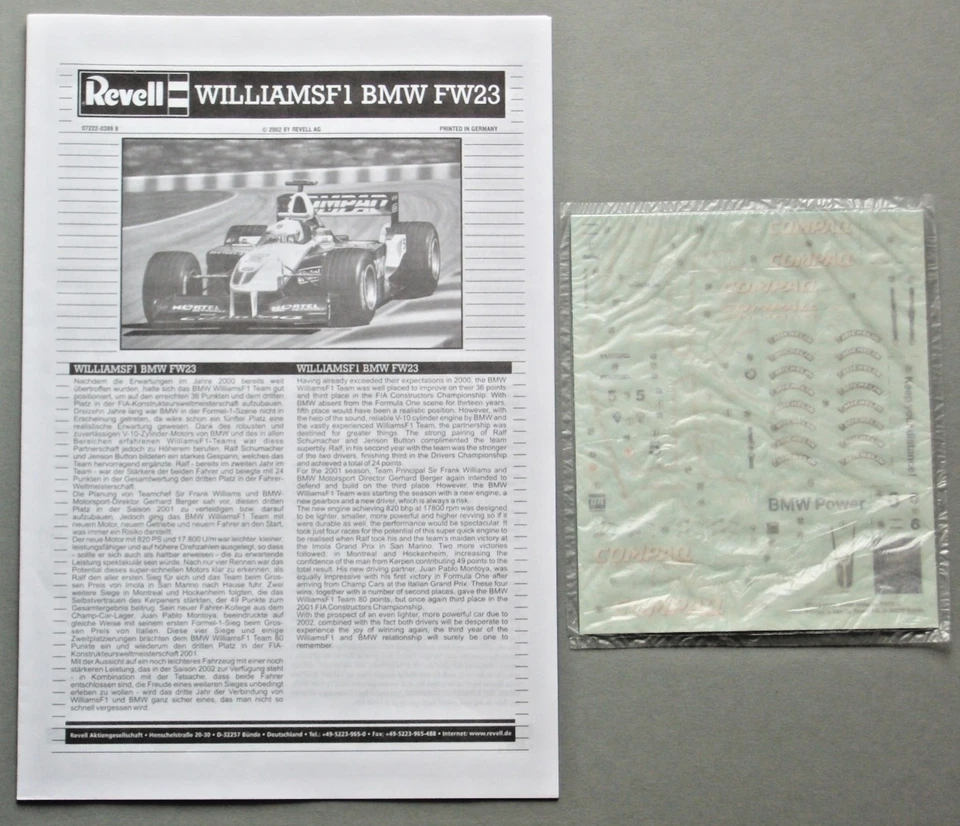 Revell 07222,  2001 WilliamsF1 BMW FW23, Formel 1, 1:24 - Bild 3 von 4