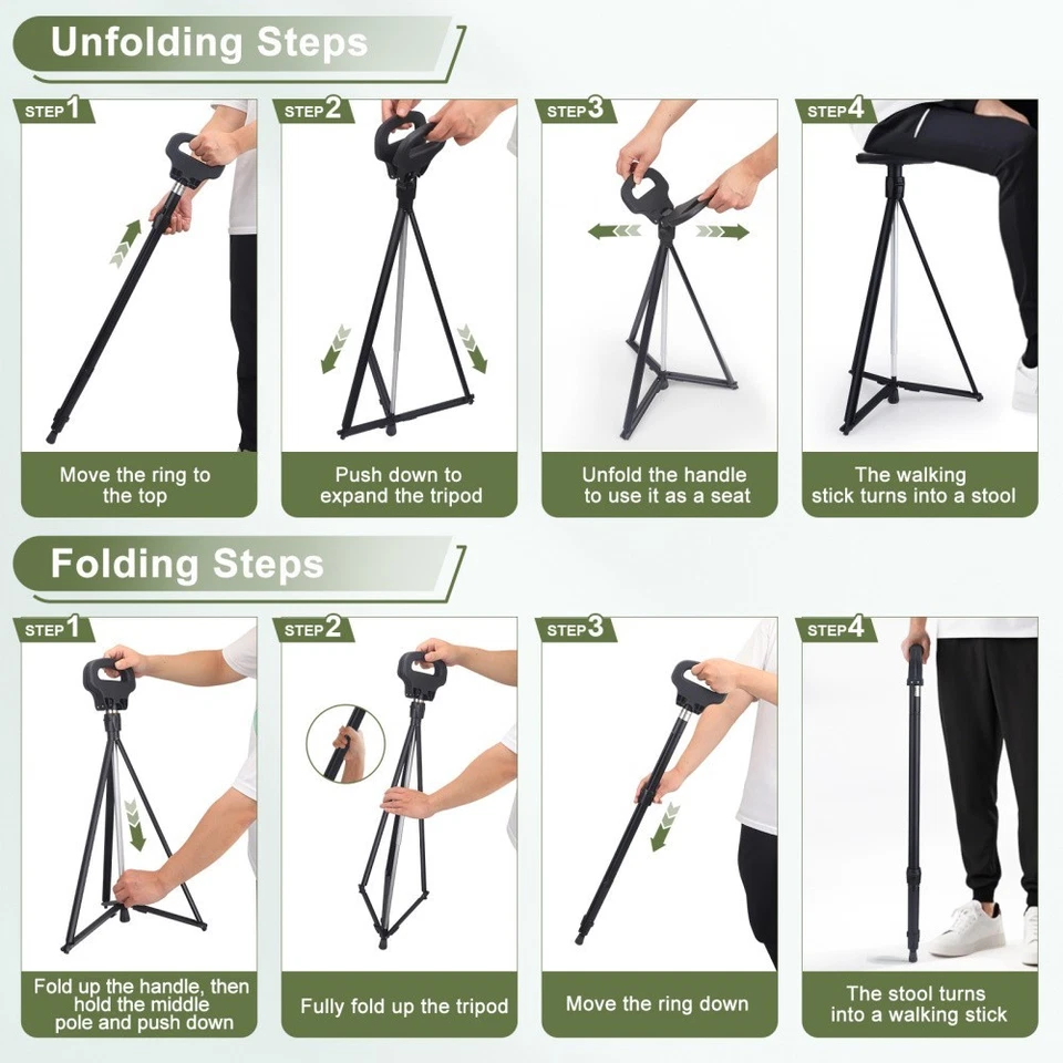 Gehstock mit Sitz Fläche Spazierstock Stuhl klappbar höhenverstellbar Aluminium - Bild 3 von 4