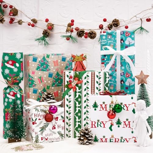 Christmas Wrapping Paper Sheets for Holiday,6 Designs Gift Wrap multicolor - Picture 2 of 6