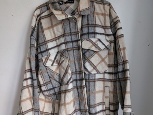 Zara Beige Grey Plaid Shacket Size XL (T17) - Picture 3 of 7