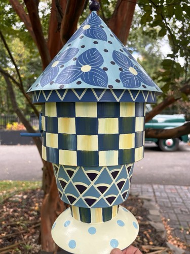 Mackenzie Childs Royal Birdhouse Blue Checkered Tin Hanging House With Plaque - Picture 9 of 14