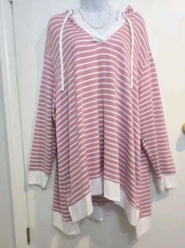 NWT Jane Delancey Plus 2X French Terry Top Tunic Hoodie Striped Pink White