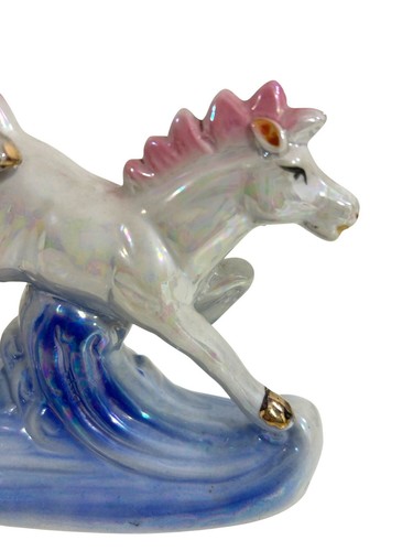 3 Horses Running on Waves Figurine Vtg Ceramic Glazed White Pink Blue Statue - Picture 11 of 18