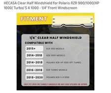 1/4 inch front clear half windshield polaris rzr  900/1000