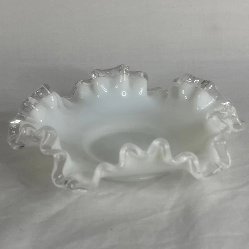 Vintage FENTON Pedestal Silver Crest Milk Glass Candy Dish Ruffled Edges 6”