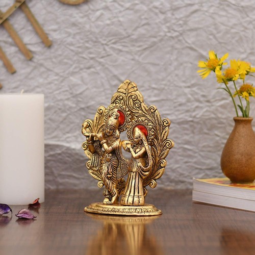 Gold Plated Metal Radha Krishna Statue - Radha Krishan Idol For Home Office - Picture 2 of 3