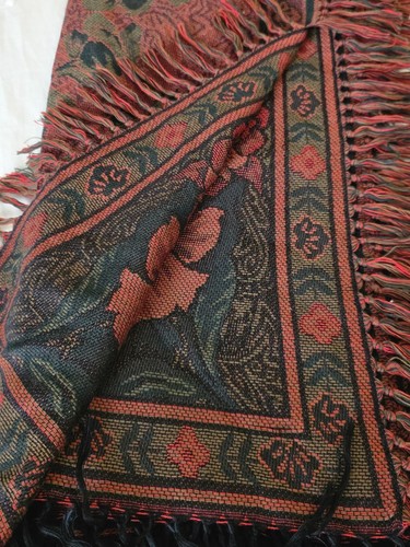Women's Floral Scarf Wrap Burgundy Black Fringe 53" Square BOHO Statement - Picture 11 of 16