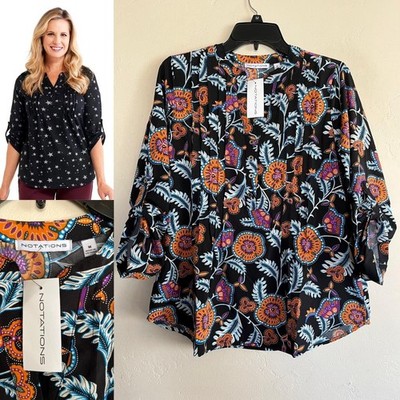 Women's Notations 3/4 Tab Sleeve Top M L? Black Rust Fall Floral Split Neck $44
