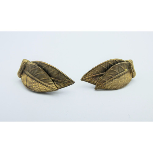 Czech Art Nouveau Leaf Earrings Antique Brass Gold Tone Cast Metal Signed