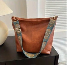 Vintage Brown Leather Tote Shoulder Bag with Boho Strap ? Large Handbag Purse