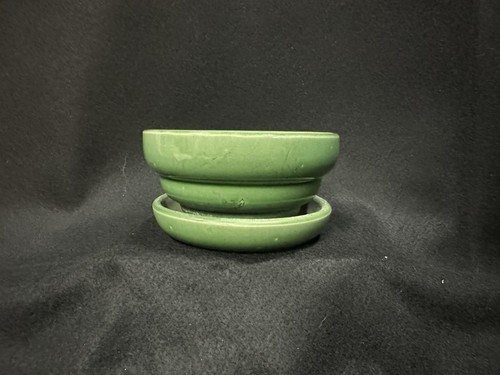 McCoy Pottery Green Ringed Flower Pot Planter Attached Saucer 2-3/8in Tall - Picture 4 of 4