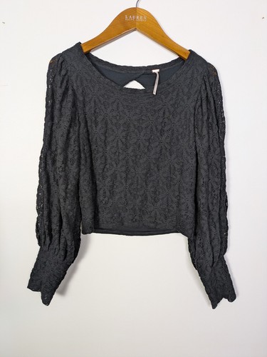 Top Free People Negro Floral Encaje S Manga Abullonada Globo Espalda Abierta Recorte Transparente - Imagen 6 de 6