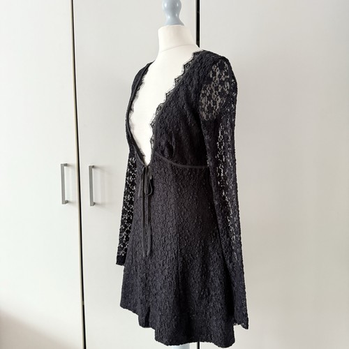 Free People Petra Minikleid Gr. S schwarz langarm Spitze tiefer Ausschnitt - Bild 2 von 13