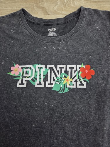 PINK Victoria's Secret Vintage Tropical Logo dark washed Grafik T-Shirt SS/L - Bild 1 von 8