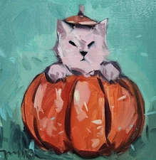 Jose Trujillo Fine Art PRINT 16x16" Collectible Artist Cat Pumpkin Decor