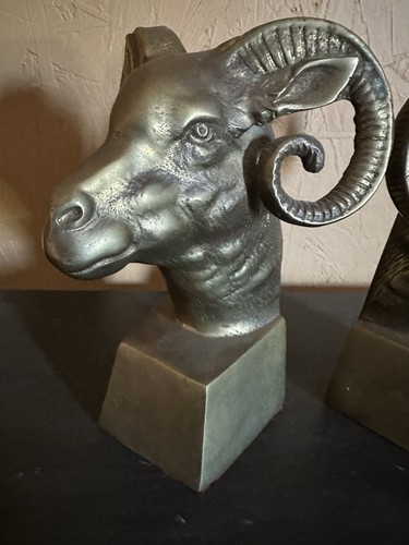 Pair Brass Ram Head Bookends, Ram Sculptures, Library Decor Vtg Office Book Case - Bild 2 von 7