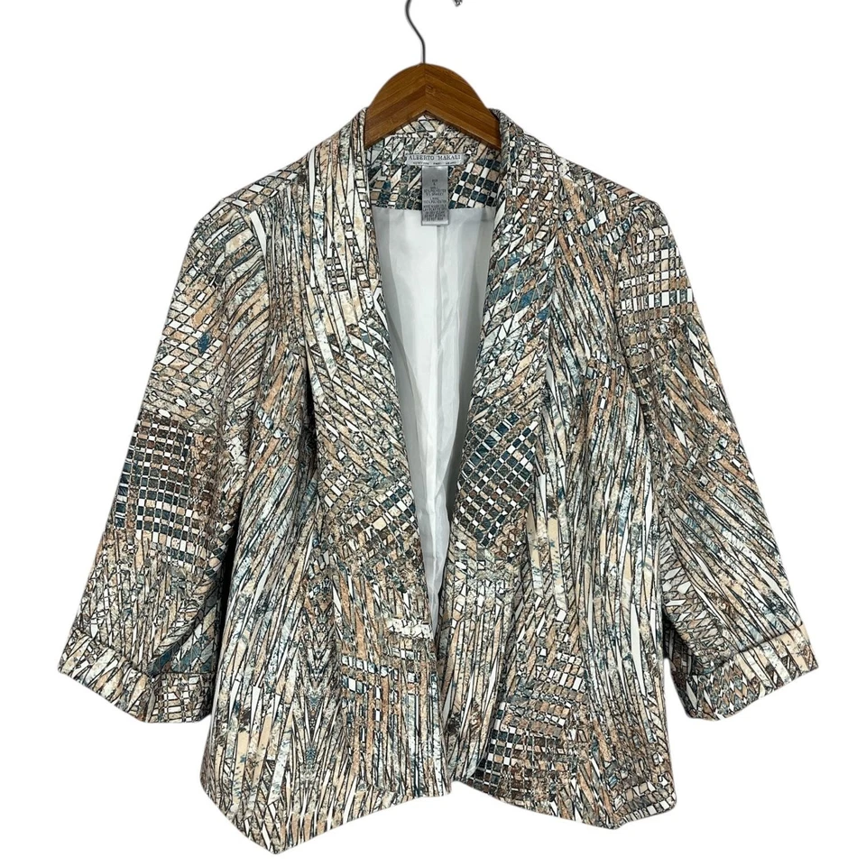 Chaqueta Blazer Alberto Makali Mujer Grande Marrón Azul Estampado Abstracto Frente Abierto Foto 4 de 4