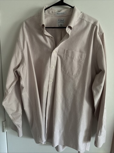LL Bean Men’s 0 VV76 17.5-35 Brown And white Striped Oxford Dress Shirt Monogram - Picture 2 of 19