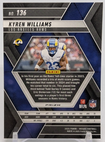 Fútbol americano Panini Mosaic 2025 Kyren Williams #136 True Silver - Los Angeles Rams - Imagen 2 de 3