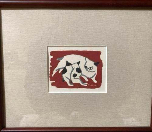 Impresión en madera firmada pequeña Kiyoshi Saito "Cat Compassion" arte enmarcado raro - Imagen 2 de 4