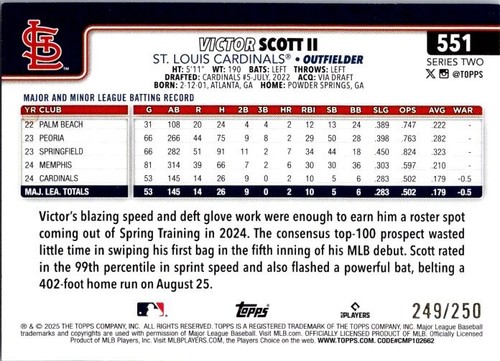 2025 Topps Serie 2 Béisbol Victor Scott II - Lámina Púrpura - #551/250 Cardenales - Imagen 2 de 2