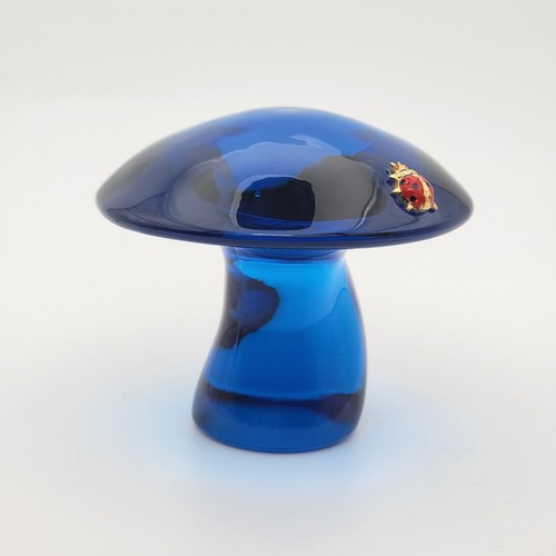 Viking Small Bluenique Glass Mushroom #6940 Paperweight With Ladybug Charm 2.25"