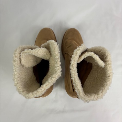 American Eagle Women's 8 Tan Suede Faux Fur Lined Heeled Ankle Boots Cozy Winter - Picture 5 of 11