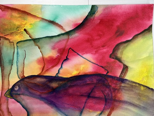 "Acuarela Original Pintura Abstracto Pájaro y Formas Arte Popular Surrealista 15x22""" - Imagen 4 de 9