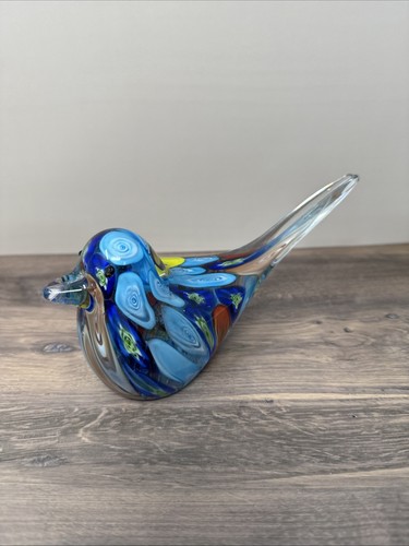 Hand Blown Murano Style Multicolor Millefiori Art Glass Bird 7" Long - Picture 2 of 5