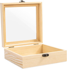 Unfinished Wooden Display Box with Glass Top Hinged Lid, Small Wood Keepsake Sto