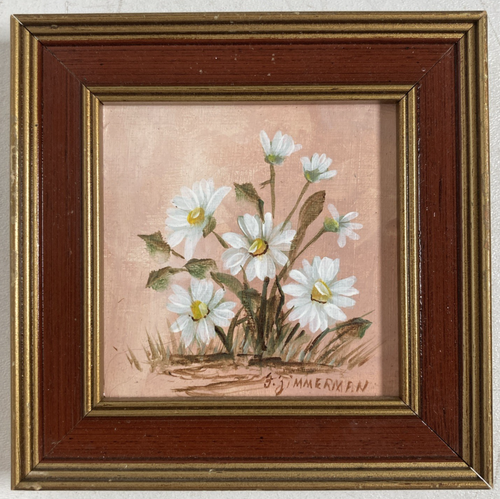 Vintage Original Miniatur Ölgemälde Gänseblümchen Blumen Stillleben signiert gerahmt