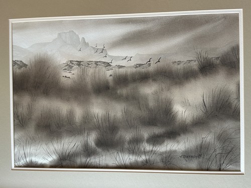 J.DIETRICH SUNSET BIRDS OVER MARSH GRASS ORIGINAL WATERCOLOR LANDSCAPE PAINTING  - Picture 5 of 8