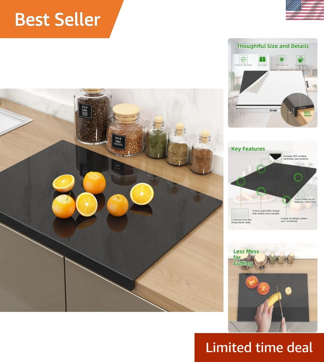 Acrylic Cutting Board with Counter Lip | 60% Thicker & Durable | BPA-Free & F...