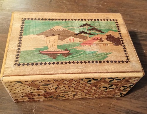 Vintage Japanese Yosegi Inlaid Wood Puzzle Box Mt. Fuji Marquetry 1940's Drawer - Picture 20 of 21