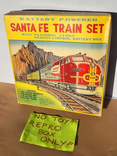 REPRO BOX ONLY!! of the tin toy 1950's Nomura-Japan bat.op. SANTA FE TRAIN SET - Imagen 2 de 8