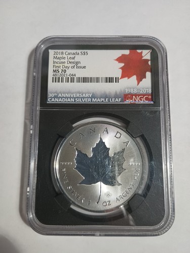 2018 CANADA INCUSE DESIGN MAPLE LEAF S$5 FIRST DAY ISSUE 30TH ANNIVERSARYMS70NGC
