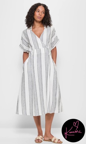 Target European Linen White & Grey Striped Midi Dress Size 18 - Picture 1 of 10