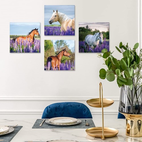 OTOSTAR 4 Pieces Wall Art Canvas Prints  Purple Lavender and Horse Picture Pain - Picture 3 of 9