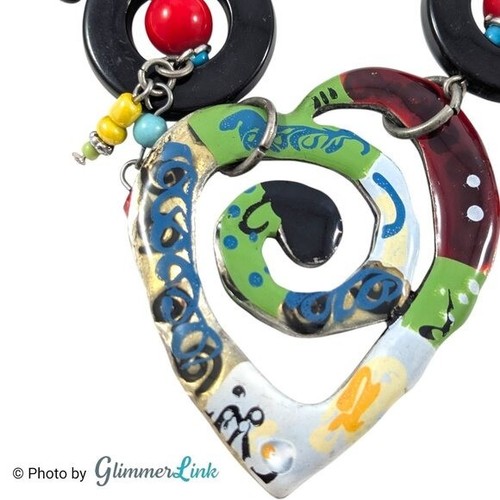 Bunte Mixed Media Herz Anhänger Statement Halskette Boho Artsy - Bild 6 von 11