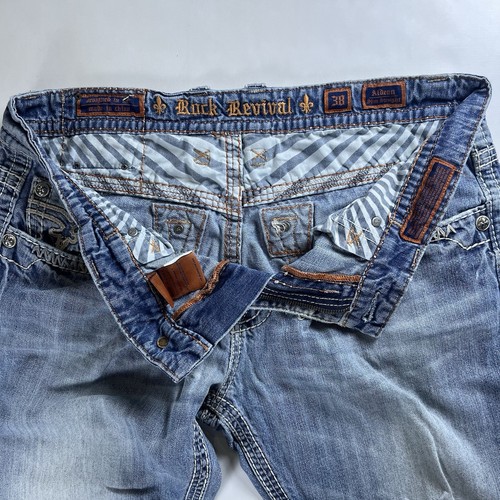 Rock Revival Aldean Slim Straight Boot Jeans Mens 38x32 Blue Denim Faded Cowboy - Picture 7 of 9