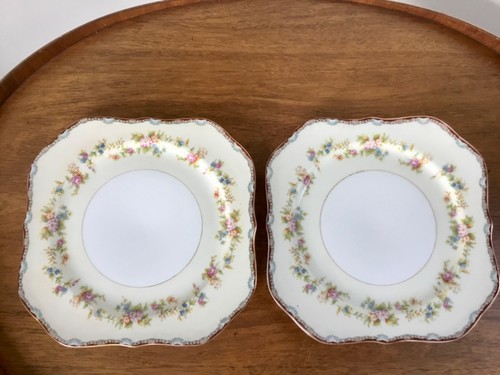 National China Japan SQUARE Salad Plates Red Trim Blue Accents SET of 4~ Florals - Picture 4 of 8
