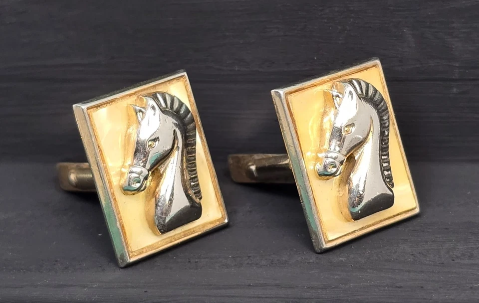 Gemelos Cabeza de Caballo De Colección Tono Plata Madreperla MOP Ecuestre Hombres Joyería Foto 2 de 3