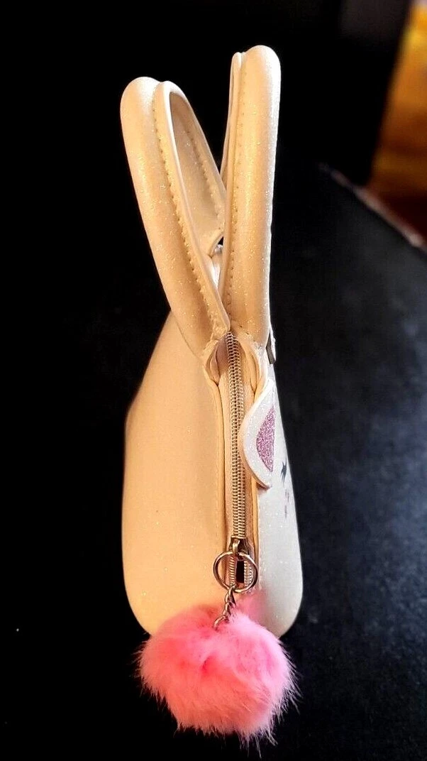 H&M Carino Vinile Rosa Bianco 6" Unicorno Borsa Borsa a Mano con Cerniera con Fob Pompon; Nuovo con etichette oT