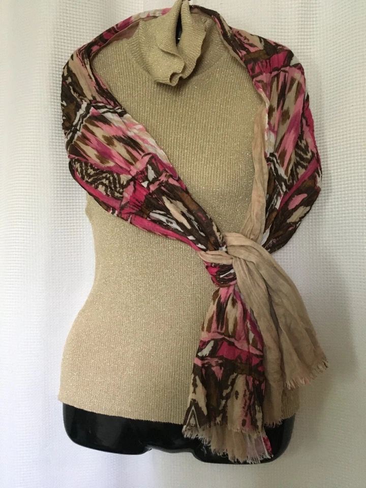 Scarf Shawl Sheer Triple Layer Lightweight Pink Brown Ivory 66"Lg 14" W B15 Foto 3 de 4