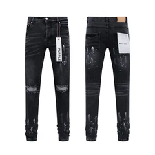 Fashion Black Purple Brand Men's Personality Slim Fit Splash-Ink Jeans