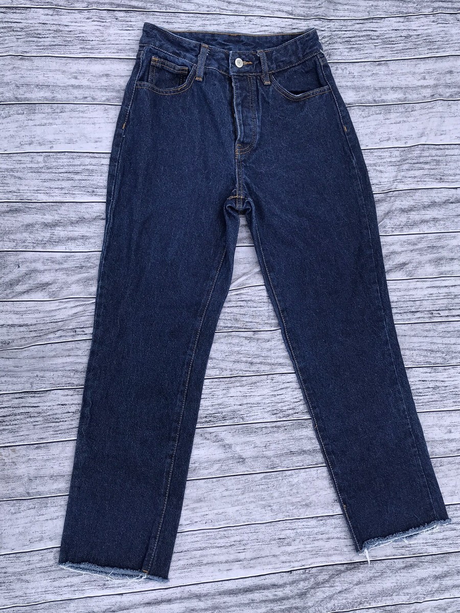 Galt Button Fly High Waist Raw Hem Crop Dark Wash High Rise Mom