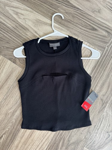 Bold Elements Cut To Curve Women's Ribbed Cut Out Crew Neck Tank Tops Black - Picture 2 of 9