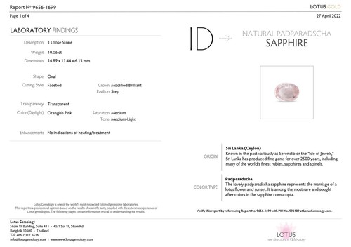 Zaffiro Padparadscha Certificato LOTUS CEYLON Certificato 10,06 Ct. Naturale Non Trattato SUNRISE - Foto 2 di 10