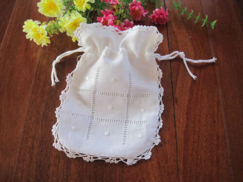 CL@ Lovely Hand Crochet Lace Hemstitch Embroidery String White Cotton Bag Pouch - Picture 4 of 4