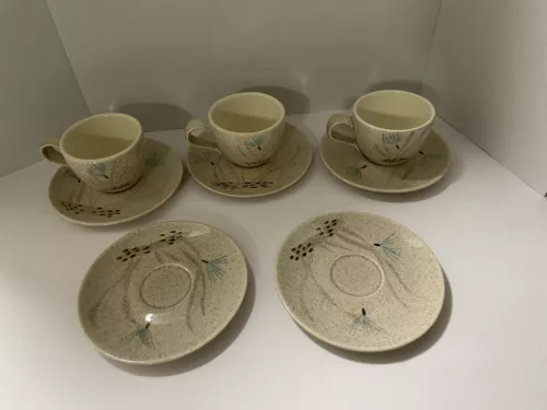 5 Vintage Mid-Century Red Wing Saucers Pottery Bob White Quail  And 3  Cups